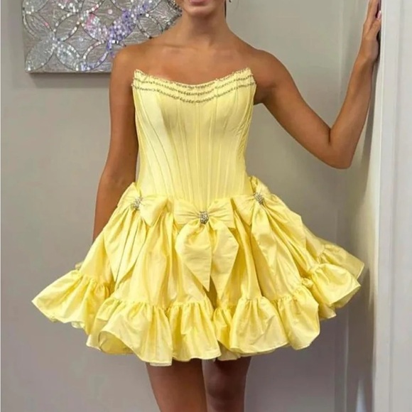 Sherri Hill Yellow Strapless Mini Dress with Bows and Rhinestones - Picture 4 of 11